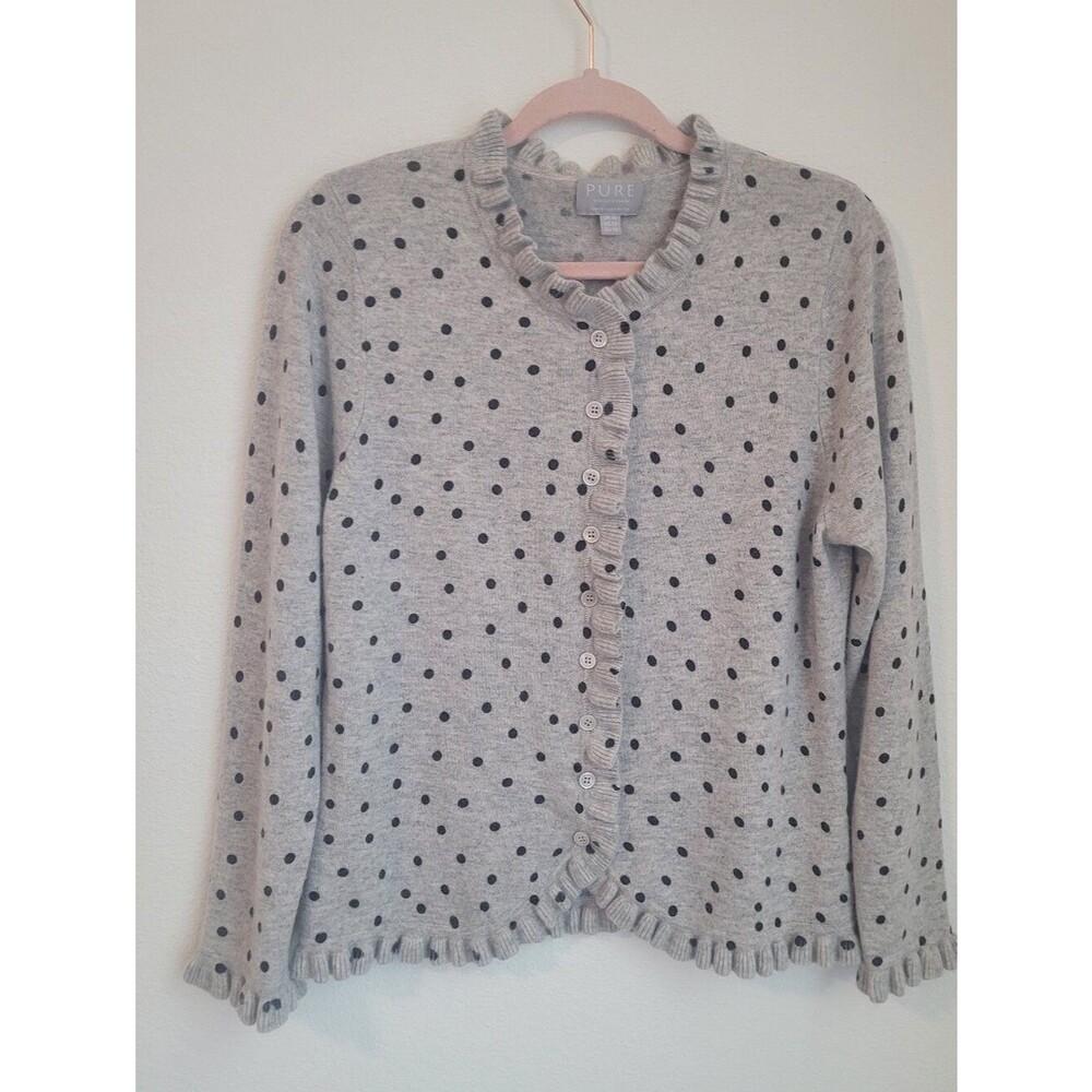 Pure Collection 100% Cashmere Polka Dot Ruffle Cardigan Sweater Gray US 12